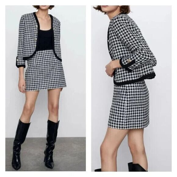 ZARA Blogger Favorite Black White Houndstooth Cropped Blazer Jacket medium - Picture 1 of 6